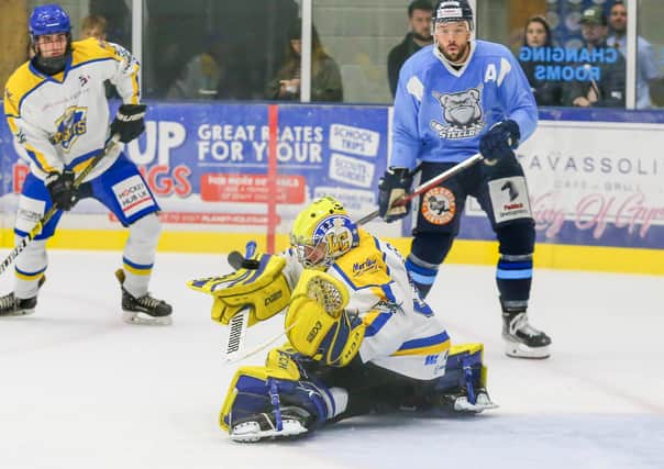 STOP THAT! Netminder Sam Gospel in action for Leeds Knights against Sheffield Steeldogs last week. Picture: Andy Bourke/Podium Prints.
