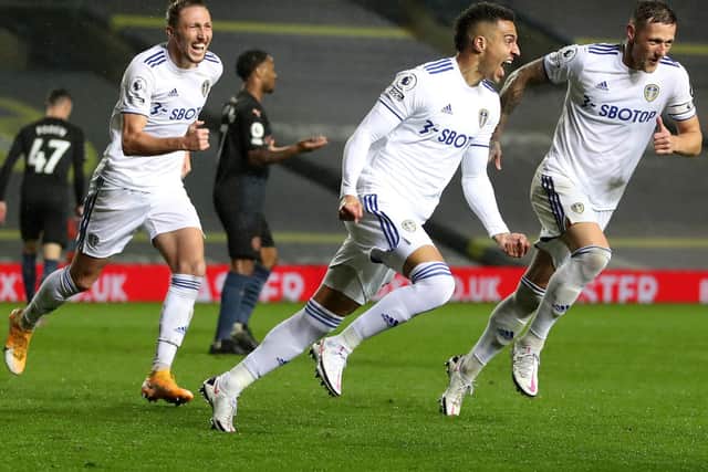 Rodrigo celebrates against Manchester City. Pic: Getty