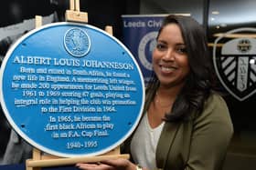 Samantha Jones, granddaughter of Albert Johanneson with the Civic Society Blue Plaque that was placed in his memory in the East Stand at Leeds United.