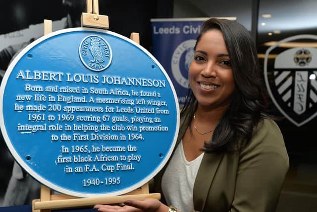 Samantha Jones, granddaughter of Albert Johanneson with the Civic Society Blue Plaque that was placed in his memory in the East Stand at Leeds United.
