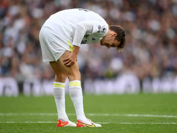FRESH PROBLEM - Diego Llorente picked up the fifth injury of his first year at Leeds United in the defeat by Liverpool on Sunday. Pic: Getty
