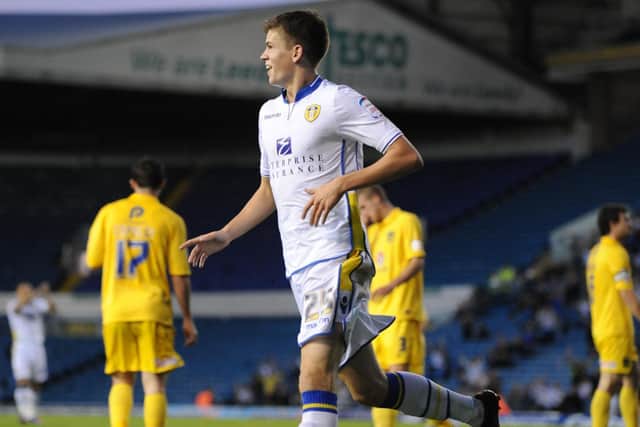 Sam Byram celebrates scoring his first ever goal for Leeds United. It came during the 3-0 League Cup win against Oxford United at Elland Road. PIC: Varley Picture Agency