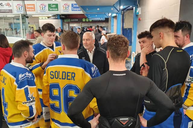 Dave Whistle chats to his defensive group ahead of their first pre-season friendly at Swindon Wildcats.