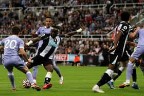 HANDFUL: Newcastle United star Allan Saint-Maximin fires the Magpies level in Friday night's 1-1 draw against Leeds United at St James' Park. Photo by Ian MacNicol/Getty Images.