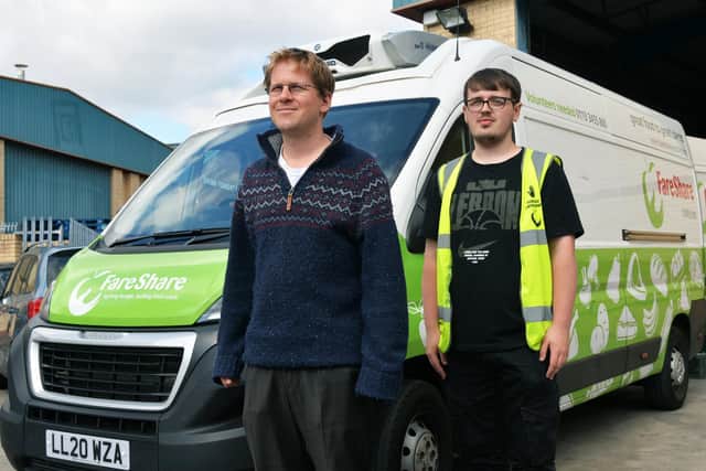 Dave Paterson from Unity in Poverty Action (UPA)/Leeds Food Aid Network (FAN)/West Yorkshire Food Poverty Network (left) pictured at Fare Share with manager Isaac Fogg