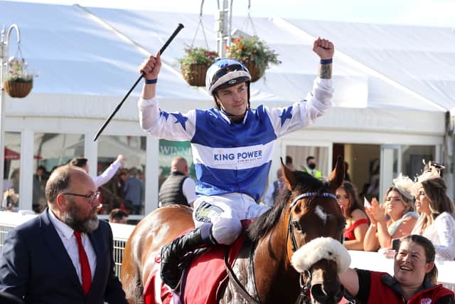 Thirsk jockey Kevin Stott celebrates the Ayr Gold Cup win of Bielsa.