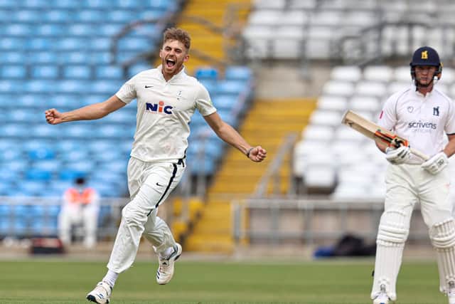 NOT TO BE: Ben Coad of Yorkshire celebrates tacking the wicket of Warwickshire's Sam Hain at Headingley last week. Picture by Paul Currie/SWpix.com