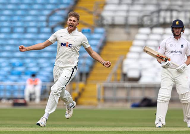 NOT TO BE: Ben Coad of Yorkshire celebrates tacking the wicket of Warwickshire's Sam Hain at Headingley last week. Picture by Paul Currie/SWpix.com