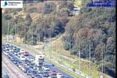 Congestion after a vehicle fire on the M62 near Huddersfield.