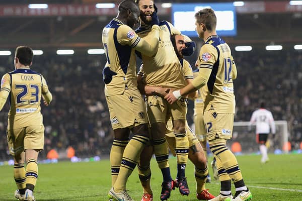 JOB DONE: Leeds United celebrate the late strike from Mirco Antenucci, centre, in the closing stages of a 3-0 victory at Fulham of March 2015. Photo by Jamie McDonald/Getty Images.