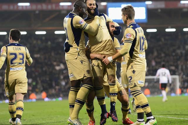 JOB DONE: Leeds United celebrate the late strike from Mirco Antenucci, centre, in the closing stages of a 3-0 victory at Fulham of March 2015. Photo by Jamie McDonald/Getty Images.