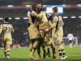 JOB DONE: Leeds United celebrate the late strike from Mirco Antenucci, centre, in the closing stages of a 3-0 victory at Fulham of March 2015. Photo by Jamie McDonald/Getty Images.