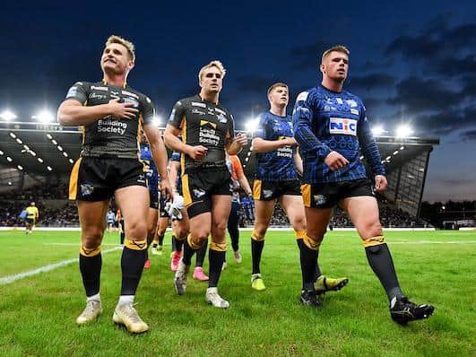 Alex Sutcliffe, second from left, is among the players leaving Rhinos at the end of this season. Picture by Will Palmer/SWpix.com.
