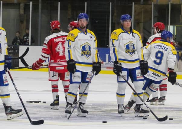 Bobby Streetly, centre, enjoyed a memorable night at Elland Road ice rink on Saturday against Bees IHC, registering a unique 'Gordie Howe hat-trick' of a goal, an assist and a fight. Picture courtesy of Kat Medcroft/Swindon Wildcats Media.