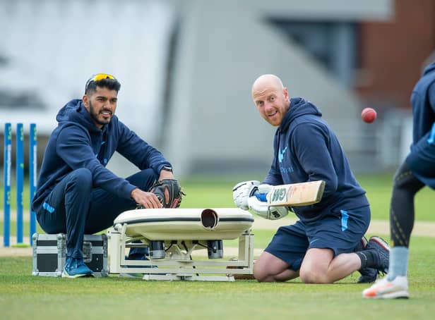 GRAND FINALE: Yorkshire coach Andrew Gale, pictured with physio Kunwar Bansil during with catching practice earlier this season, wants to make it to Lord's. Picture by Allan McKenzie/SWpix.com