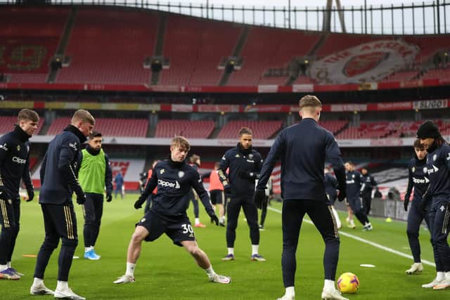 Joe Gelhardt warms up with the first team at the Emirates. Pic: Getty