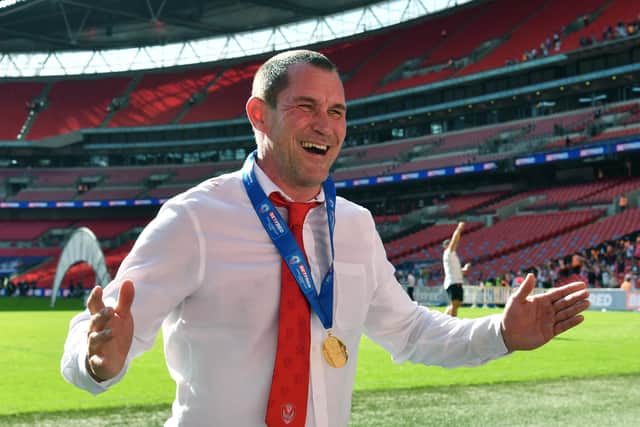 Kristian Woolf, head coach of Grand Final contenders St Helens, celebrates after Saints' Challenge Cup final victory earlier this year. Picture:  Tony O'Brien/Getty Images.