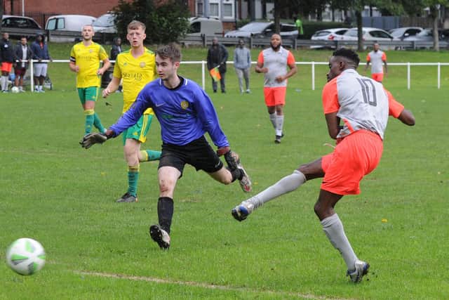 Fernando Moke, of Chapeltown, shoots wide during Sunday's Jubilee Premier encounter with Colton. Picture: Steve Riding.