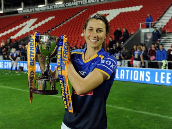 Courtney Winfield-Hill with the Women's Super League trophy after Rhinos' win over Castleford Tigers in 2019. Picture by Steve Riding.