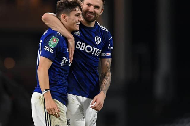 DREAM DAY: For Leeds United winger Dan James, left, pictured with captain for the night Stuart Dallas after victory on penalties against Carabao Cup hosts Fulham at Craven Cottage. Picture by Bruce Rollinson.