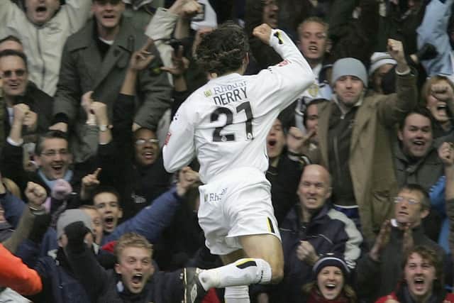 Shaun Derry celebrates scoring the winning goal during the Coca-Cola Championship clash against West Ham United at Elland Road in February 2005. PIC: Getty