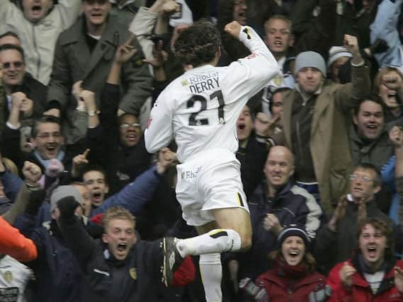 Shaun Derry celebrates scoring the winning goal during the Coca-Cola Championship clash against West Ham United at Elland Road in February 2005. PIC: Getty
