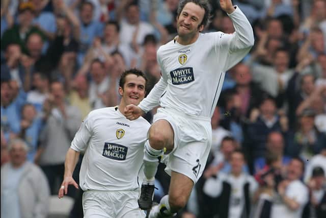 Shaun Derry celebrates equalising against Wolverhampton Wanderers at Elland Roadf in April 2004. The game finidshed 1-1. PIC: Varley Picture Agency