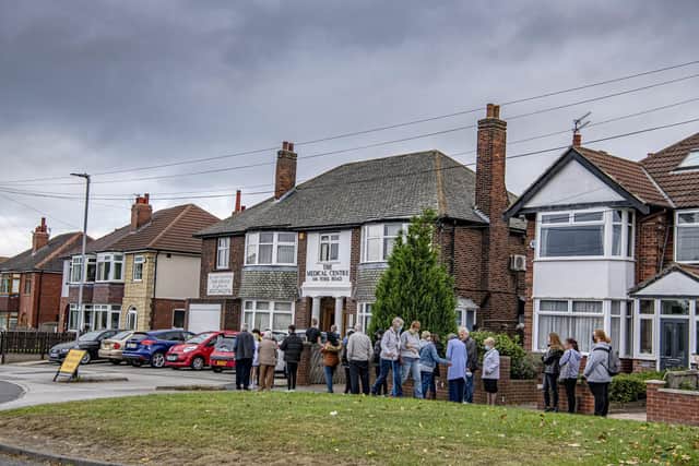 The queue outside The Medical Centre, York Road (photo: Tony Johnson).