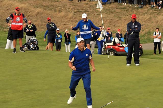 Jon Rahm celebrates winning his singles match against Tiger Woods to help Europe win the 2018 Ryder Cup at Le Golf National in Paris. Picture: Mike Ehrmann/Getty Images