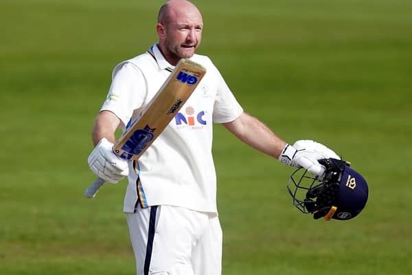 Season's best: Yorkshire's Adam Lyth - who only played because Gary Ballance is ill - celebrates reaching his century against Nottinghamshire. Picture: Mike Egerton/PA Wire.