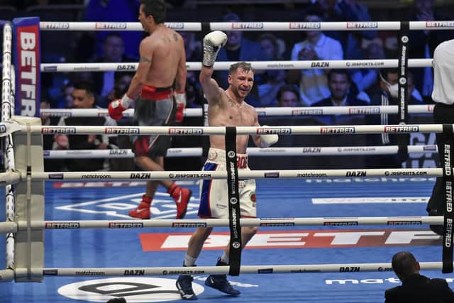 Just champion: Yorkshire fighter Maxi Hughes celebrates his victory over Jovanni Straffon earlier this month at Headingley, to claim the IBO lightweight title – just over three years since he called time on his boxing career. Picture: Steve Riding