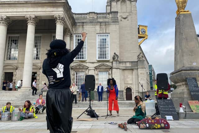 Marvina Newton, co-founder of Black Lives Matter Leeds, addresses the crowd