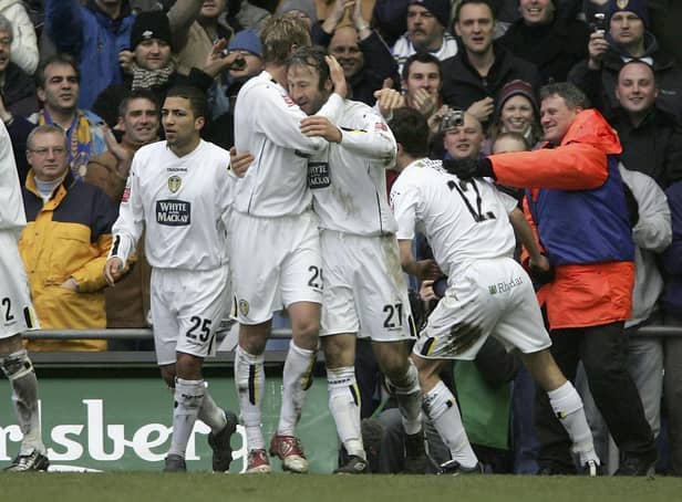 LATE TWIST: Shaun Derry, centre, celebrates scoring the winning goal during the Coca-Cola Championship match between Leeds United and West Ham United at Elland Road on February 26, 2005. Photo by Gary M.Prior/Getty Images.