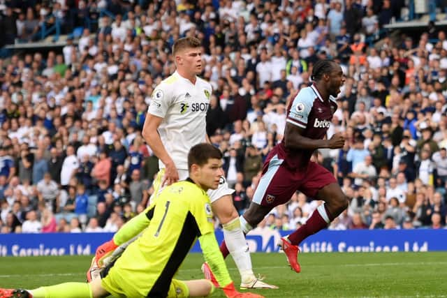 LATE WINNER: Michail Antonio, right, heads off to celebrate after netting in the final minute of Saturday's Premier League clash against Leeds United at Elland Road to seal a 2-1 victory. Photo by Stu Forster/Getty Images.