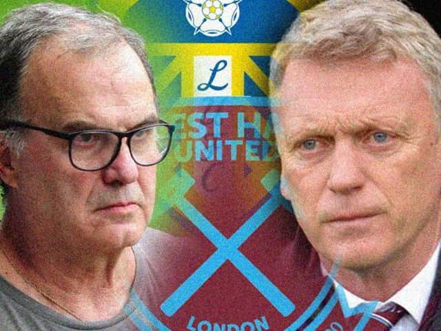 THIRD MEETING: Between Leeds United head coach Marcelo Bielsa, left, and West Ham boss David Moyes, right. Graphic by Graeme Bandeira.