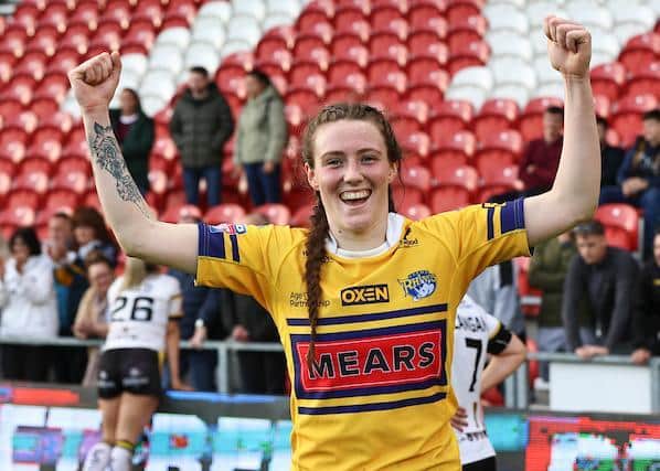 Two-try Sophie Nuttall celebrates Rhinos' win. Picture by Paul Currie/SWpix.com.