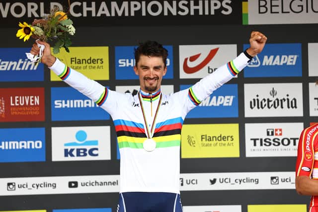 CHAMPION: Julian Alaphilippe of France (1st Place) celebrates on the podium. Picture: Alex Whitehead/SWpix.com