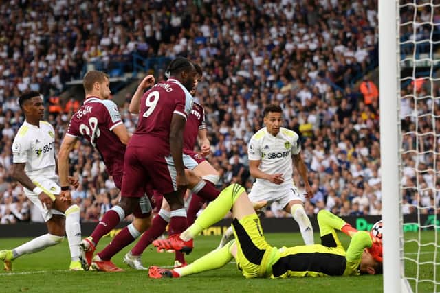 FLASHPOINT: West Ham's Michail Antonio collides with Leeds United 'keeper Illan Meslier before Tomas Soucek tucks the ball home for a goal that was disallowed in Saturday's clash at Elland Road. Photo by Stu Forster/Getty Images.