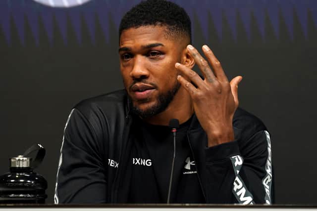 Anthony Joshua during a press conference after defeat in the WBA, WBO, IBF and IBO World Heavyweight titles match against Oleksandr Usyk. Picture: Nick Potts/PA