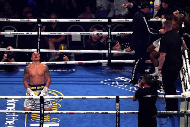 Oleksandr Usyk celebrates after beating Anthony Joshua at the Tottenham Hotspur Stadium. Picture: Nick Potts/PA