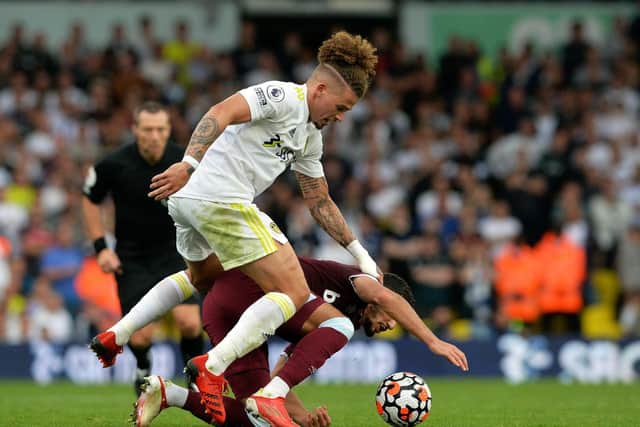 BAD DAY: For Leeds United's England international star Kalvin Phillips, pictured tangling with West Ham's Said Benrahma in Saturday's 2-1 defeat at Elland Road. Picture by Bruce Rollinson.