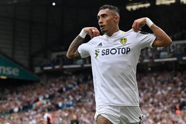 UPBEAT MESSAGE: From star Leeds United winger Raphinha, above, pictured celebrating his strike in Saturday's 2-1 defeat at home to West Ham. Picture by Bruce Rollinson.