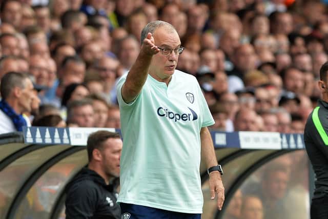 Marcelo Bielsa barks out instructions from the sidelines against West Ham. 
Picture: Bruce Rollinson.