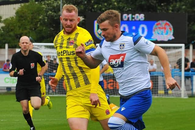 Guiseley's goal scorer at Boston, Jordan Thewlis, right. Picture: Steve Riding.