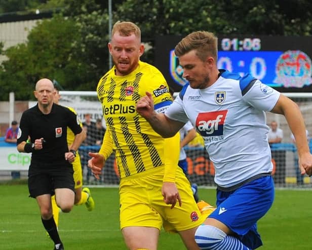 Guiseley's goal scorer at Boston, Jordan Thewlis, right. Picture: Steve Riding.