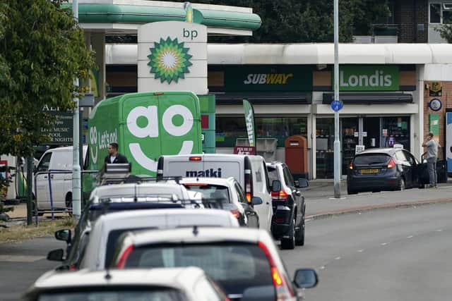 Cars queue for fuel at a BP petrol station in Bracknell, Berkshire. Picture date: Sunday September 26, 2021.
PIC: PA