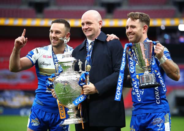 Leeds Rhinos head coach Richard Agar, Richie Myler and Luke Gale with the Challenge Cup at Wembley in 2020. Picture: Michael Steele/Getty Images.