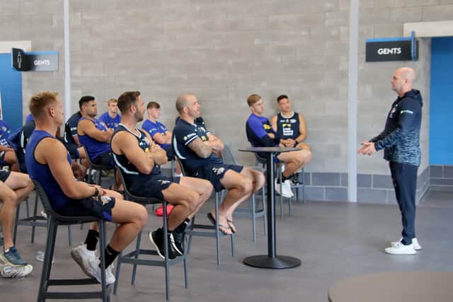 Richard Agar holds a video session with his players. Picture: Phil Daly/Leeds Rhinos/SWpix.com.