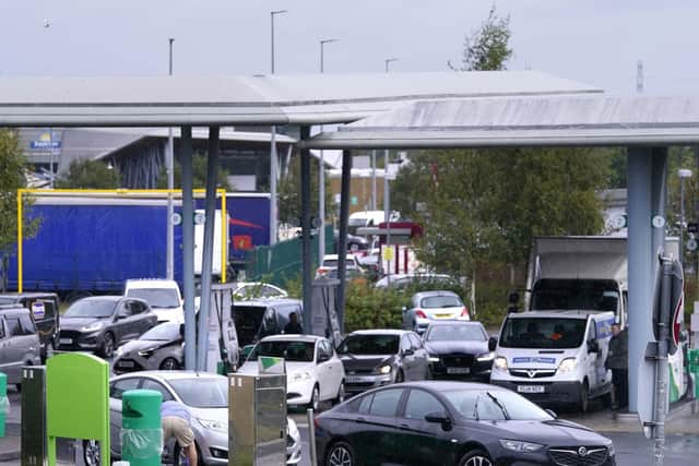 Cars refueling at a BP service station in Wetherby near Leeds. Picture date: Monday September 27, 2021. Photo: Danny Lawson/PA.