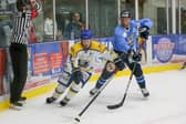 GAME ONE: Leeds Knights' Lewis Houston battles with Sheffield Steeldogs' Ben Morgan at Elland Road - you can be there this Sunday to see the Knights take on Raiders IHC Picture: Andy Bourke/Podium Prints